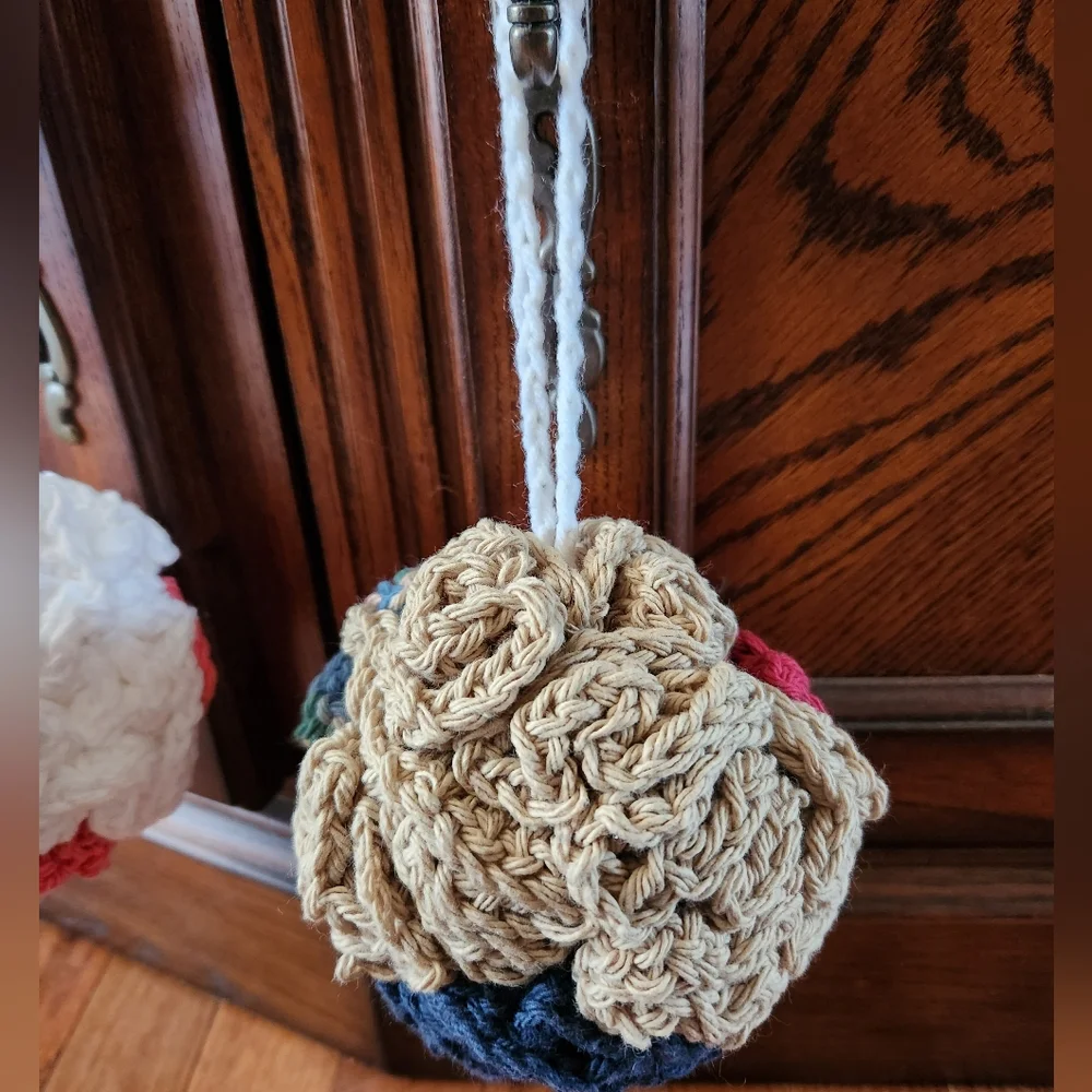 Crochet Set of 2 Tan Multi-colored Shower Poufs